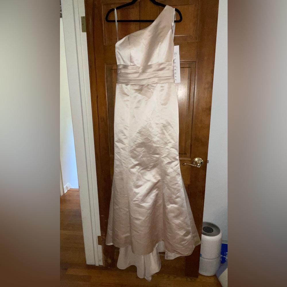 NWT Bill Levkoff one shoulder champagne formal gown size 10